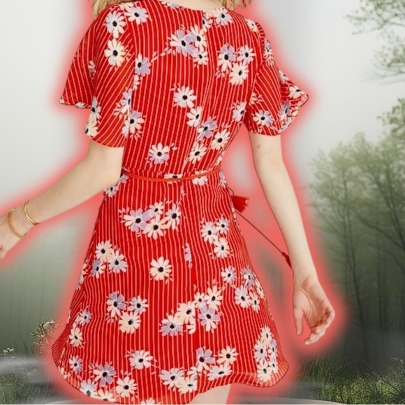 NWT Madewell ‘Button-Wrap Dress in Daisy Society’ in “Retro Stripe Lipstick Red” - Picture 2 of 16